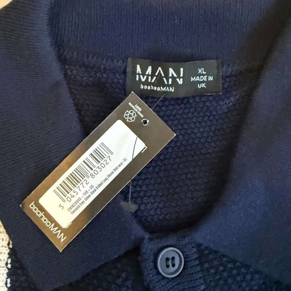 BoohooMAN Oversized Boxy Colour Block Knitted LS Shirt Navy XL NWT IN PKG